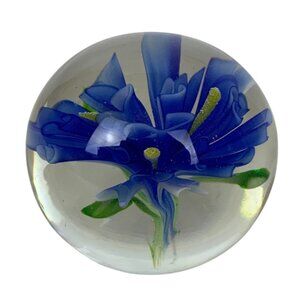 Handcrafted Art Glass Blue Flower Paperweight Round Sphere Collectible Decor